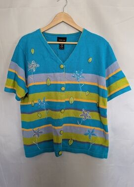 Vintage Morgan Cole Colourful Sequin Applique Short Sleeve Cardigan